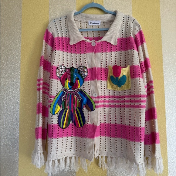 Colorful Striped Cardigan with Bear and Flower Patches - Picture 2 of 6